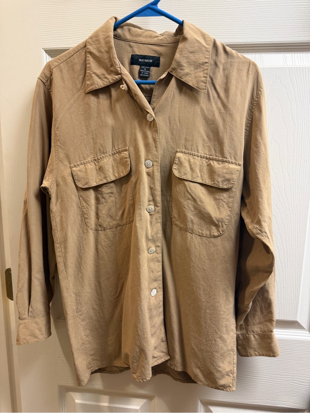 Women’s Silk Tan Button-Front Shirt